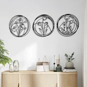 WallXpert metalni zidni ukras DCV-1090-MT, cvetovi perunike, tulipana i kale u 3 kruga, 3 dela, 30 x 30 cm, crni