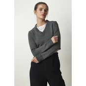 Happiness Istanbul Womens Anthracite V-Neck Crop Knitwear Sweater