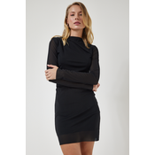 Happiness Istanbul Womens Black Chiffon Sleeve Gathered Knitted Dress
