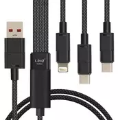LINQ LinQ, Kabel USB z Lightning + 2 USB-C 60W Fast Charge z dolžino 1,2 m, Črna, (5000220121)