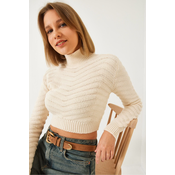 Bianco Lucci Womens Zigzag Braided Turtleneck Crop Knitwear Sweater
