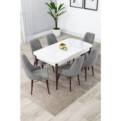 Hanah Home trpezarijski set Lia, sto na razvlacenje i 6 stolica, bela ploca, noge boje oraha, siva tkanina Babyface