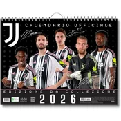 Nikcorp Nogometni stenski koledar Juventus 2026 uradno licenciran zbirateljski, črna naslovnica, kovinska spirala z obešalnikom, premium papir z bleščanjem, dimenzije 44 x 33 cm