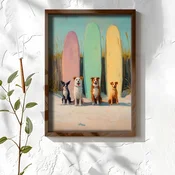 WallXpert uramljena MDF slika NAL032-70, cetiri psa ispred dasaka za surfovanje na plaži, 50 x 70 cm