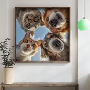 WallXpert uramljena MDF slika DOS045-33, dve macke i dva psa gledaju odozgo u kameru, 34 x 34 cm