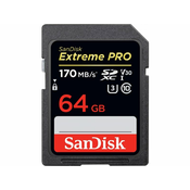 SanDisk Extreme 64 GB SDXC pomnilniška kartica 170 MB/s in 80 MB/s, UHS-I, razred 10, U3, V30