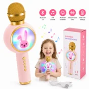 Izoxis Karaoke mikrofon Bluetooth za otroke – brezžični mikrofon z zvočnikom, RGB LED, USB-C, roza