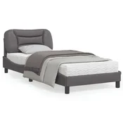 shumee vidaXL Posteljni okvir z LED lučkami siv 90x190 cm umetno usnje