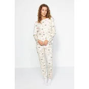 Trendyol Cream 100% Cotton Christmas Patterned Tshirt-Jogger Knitted Pajama Set