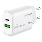 MediaRange zidni adapter za brzo punjenje, 25W (EU-utikač), 2 x USB (USB-A + USB-C), bijeli, MRMA112
