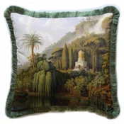 Casa Padrino luxury decorative pillow landscape multicolored/green 45 x 45 cm - Printed velvet cushion with fringes - Luxury decorative accessories