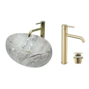 shumee GTM Design Aufsatzwaschbecken 48 cm Matt Set mit Waschtischbatterie und Stopfen - Aufsatzwaschbecken Oval für Badezimmer - Modern Waschbecken ohne Hahnloch - Waschbecken mit Armature
