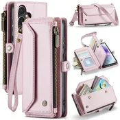 CaseMe Ovitek za Samsung Galaxy A55 5G, usnjena denarnica z RFID, z naramnim trakom, roza