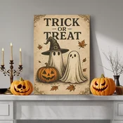 WallXpert slika na platnu 70100HALC-001, natpis Trick or Treat sa dva duha i bundevom u retro stilu, 70 x 100 cm