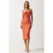 Happiness Istanbul Womens Vivid Orange Floral Slit Summer Knitted Dress