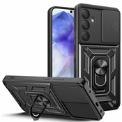 Oklepni ovitek MaX-Armor z obročem, kovinsko ploščico in zaščito zadnjih kamer za Samsung Galaxy A55 - army black