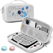 Zaščitna torbica JEMDO za Nintendo Switch 2, potovalna, trpežna, odporna na udarce, z organizatorjem za 10 iger, mrežnim žepom za dodatke, zadrga, motiv astronavt, bela