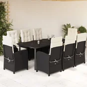 9-dijelni vrtni blagovaonski set s jastucima crni od poliratana Crna 200 cm table length
