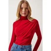 Happiness Istanbul Womens Red Smocking Detail Standing Collar Sandy Blouse