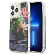 Ovitek za iPhone 13 Pro/13 Guess Flower Liquid Glitter, moder