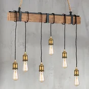 ORION Podrumska viseca lampa, drvene grede, uže od konoplje, 6 lampi - Dnevni boravak/blagovaonica - Vintage - svijetlo drvo, prirodno smeda, crna, starinsko zlato