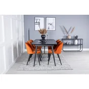 Venture Design Jedilna miza in komplet žametnih jedilnih stolov Miza 76x180x85 cm Stol 57x76,5x50 cm Črna Oranžna