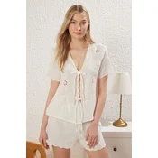 Trendyol Ecru 100% Cotton Floral Embroidered Tie/Bow Muslin Shorts and Woven Pajama Set