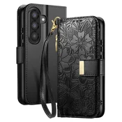 AVIZAR Denarnica za Galaxy A37 cvetlični motiv z zadrgo, Črna, (5000273994)