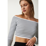 Happiness Istanbul Womens White Square Neck Striped Crop Blouse