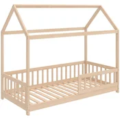 HOMCOM Montessori otroška postelja v obliki hišice, 90x190 cm otroška postelja v obliki hiše s 15 letvicami, lesena konstrukcija iz borovega lesa in zaščitne ograje za otroško sobo, barva lesa