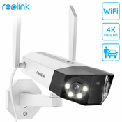 Kamera Reolink Duo 2 WiFi, dva objektiva, 4K Ultra HD, WiFi, 180° smenalni kot, IR nočno snemanje, LED reflektorji, aplikacija, IP66 vodoodpornost, dvosmerna komunikacija, bela