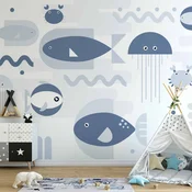 shumee Foto tapeta - Minimalističen ocean - geometrijske ribe in raki v vodi za otroke