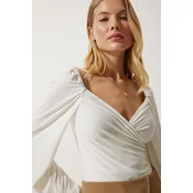 Happiness Istanbul Womens Ecru Ecru Elastic Balloon Sleeve Sandy Knitted Blouse