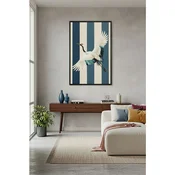 WallXpert uramljena slika na platnu Huhu3117, beli ždral u letu na plavo-bež prugastoj pozadini, 70 x 100 cm
