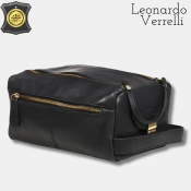 Moška usnjena toaletna torba Leonardo Verelli/CLUTCH/črna
