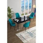 Hanah Home trpezarijski set Han, sto na razvlacenje i 4 stolice, ploca u dekoru crnog mermera, tirkizna tkanina Jerry