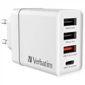 Verbatim 49701 CHR-30EU2 USB 30W 1xUSB-C PD 20W/1xUSB-A QC 3.0/2xUSB-A 10W bijeli mrežni punjač