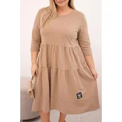 Kesi Włoski Plus Size womens cotton dress with ruffles and rolled-up sleeves camel