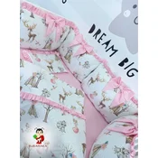 Bubamara037 Set za krevetac sa ogradicom od jastuka sa karnerom, bez lastiša, Roze-Beli