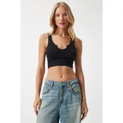 Happiness Istanbul Womens Black Strappy Crop Knitted Blouse