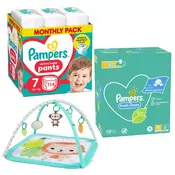 Pampers Pelene Pants 7, Monthly, 15+kg, 114/1+ Pampers Vlažne maramice Fresh clean, 15x80 komada+Bright Starts Podloga za bebe Safari, 20 melodija, Tirkizna
