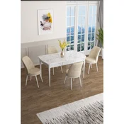 Hanah Home trpezarijski set Han, sto na razvlacenje i 4 stolice, ploca u dekoru belog mermera, krem tkanina Jerry