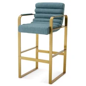Casa Padrino luxury velvet bar chair with armrests blue/brass 53.5 x 57.5 x H. 107 cm - Upholstered stainless steel bar stool - Bar furniture - Luxury furniture - Luxury quality