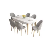 Hanah Home trpezarijski set Elf, sto na razvlacenje i 6 stolica, bela ploca, noge u prirodnoj boji drveta, siva tkanina Babyface