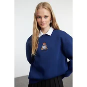 Trendyol Navy Blue Relaxed/Comfortable Pattern Embroidered Thick Knitted Sweatshirt