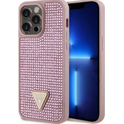 Guess ovitek s kristali in trikotno kovinsko nalepko za iPhone 15 Pro Max, Roza