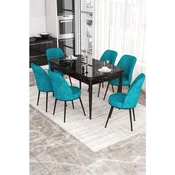 Hanah Home trpezarijski set Via, sto na razvlacenje i 6 stolica, ploca u dekoru crnog mermera, tirkizna tkanina Jerry