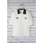 Trendyol Ecru Oversize Fit Patch Label Detail Contrast Collar 100% Cotton Summer Shirt