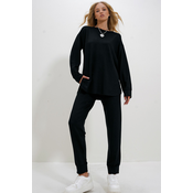 Trend Alaçati Stili Womens Black Crew Neck Side Slit Soft Texture Modal Tracksuit