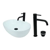 shumee GTM Design Aufsatzwaschbecken 49 cm Glanz Set mit Waschtischbatterie und Stopfen - Aufsatzwaschbecken Oval für Badezimmer - Modern Waschbecken ohne Hahnloch - Waschbecken mit Armature